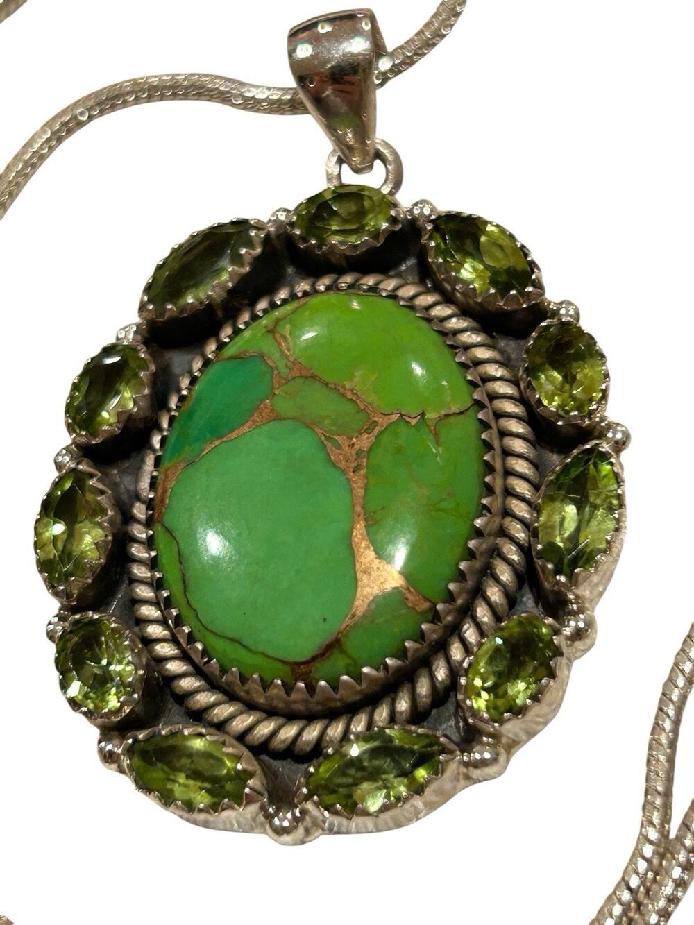 Vtg Green Copper Turquoise Peridot Pendant Necklace 925 Sterling Silver 22”